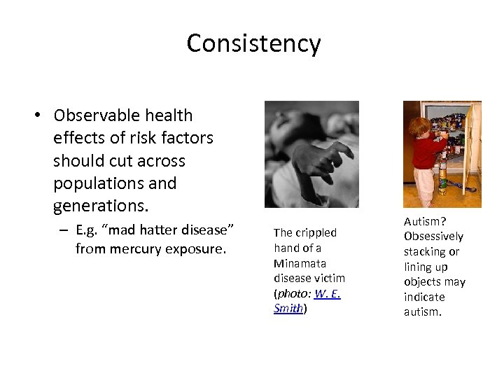 Consistency • Observable health effects of risk factors should cut across populations and generations.