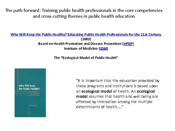 The path forward: Training public health professionals in the core competencies and cross-cutting themes