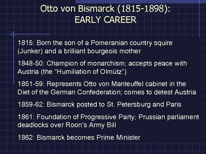 Otto von Bismarck (1815 -1898): EARLY CAREER 1815: Born the son of a Pomeranian