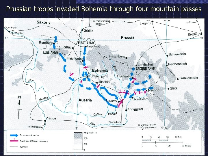 Prussian troops invaded Bohemia through four mountain passes 