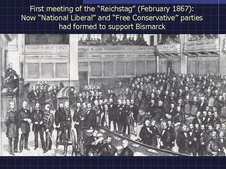 First meeting of the “Reichstag” (February 1867): Now “National Liberal” and “Free Conservative” parties