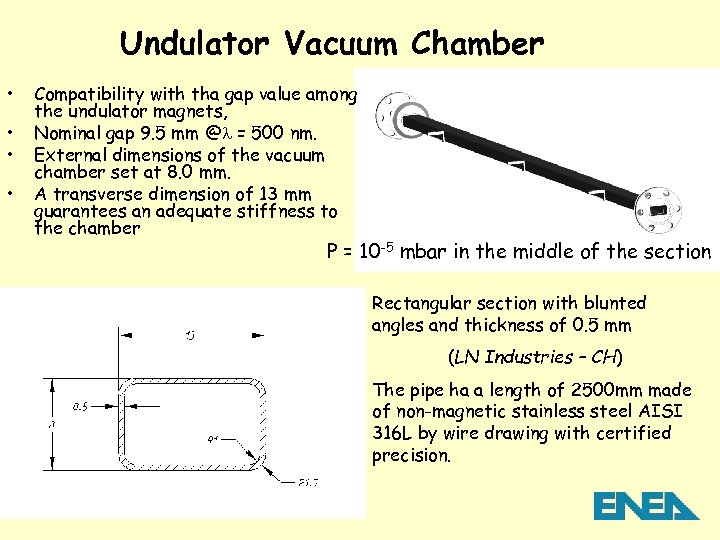 Undulator Vacuum Chamber • • Compatibility with tha gap value among the undulator magnets,