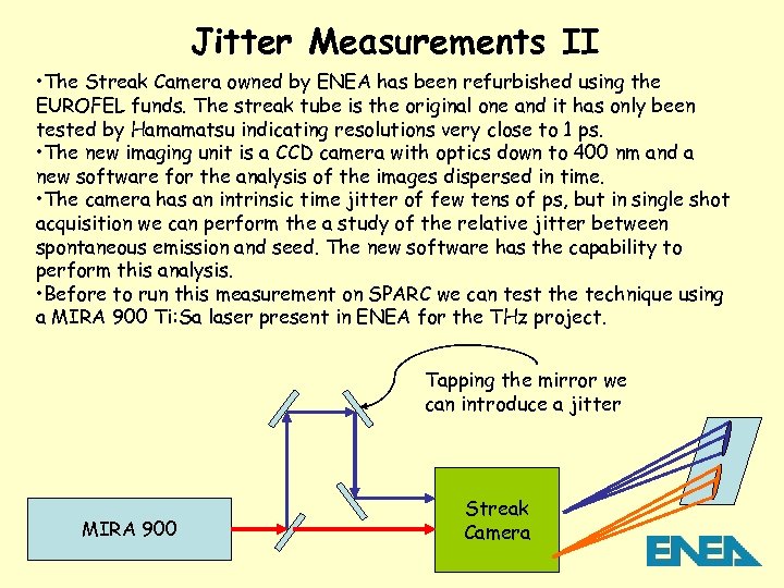Jitter Measurements II • The Streak Camera owned by ENEA has been refurbished using