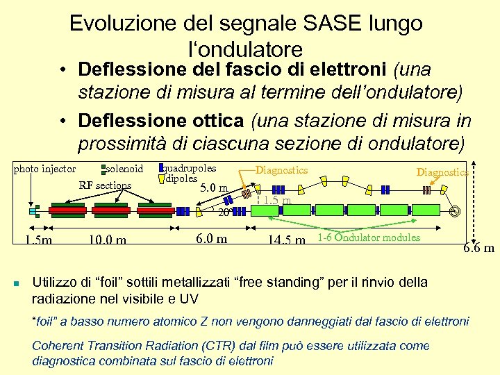 Evoluzione del segnale SASE lungo l‘ondulatore • Deflessione del fascio di elettroni (una stazione