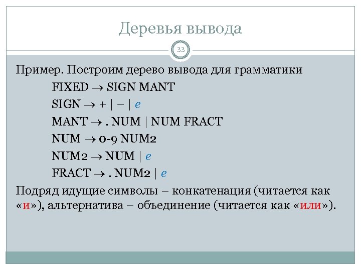 Деревья вывода 33 Пример. Построим дерево вывода для грамматики FIXED SIGN MANT SIGN +