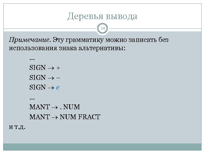 Деревья вывода 34 Примечание. Эту грамматику можно записать без использования знака альтернативы: … SIGN
