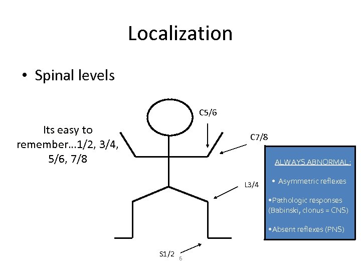 Localization • Spinal levels C 5/6 Its easy to remember… 1/2, 3/4, 5/6, 7/8