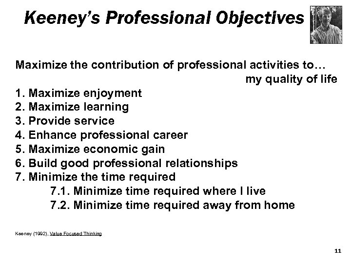 Keeney’s Professional Objectives Maximize the contribution of professional activities to… my quality of life