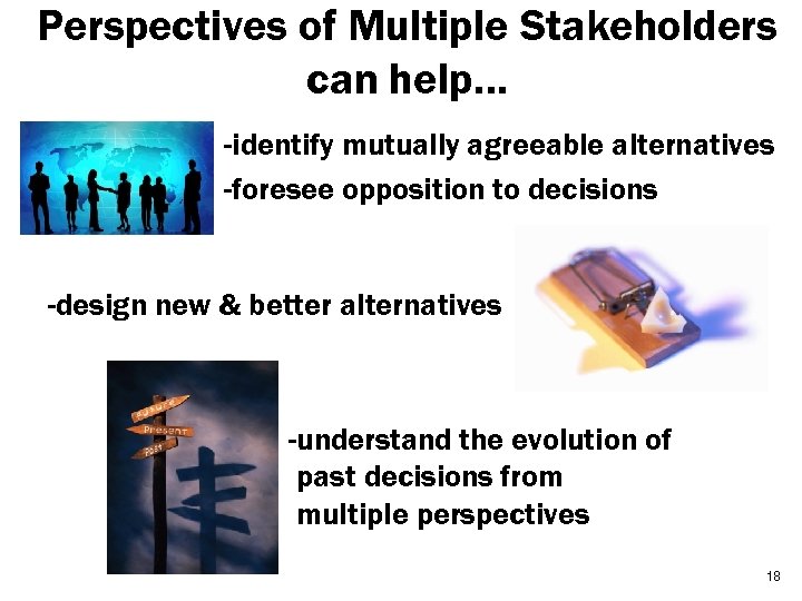 Perspectives of Multiple Stakeholders can help… -identify mutually agreeable alternatives -foresee opposition to decisions