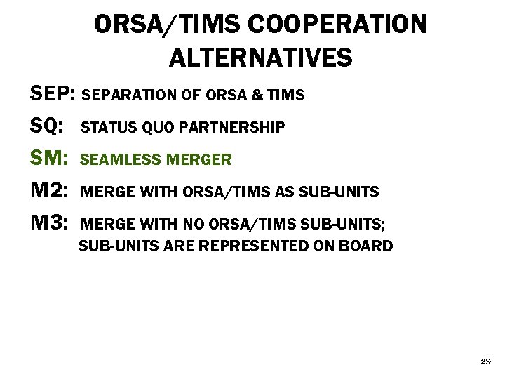 ORSA/TIMS COOPERATION ALTERNATIVES SEP: SEPARATION OF ORSA & TIMS SQ: STATUS QUO PARTNERSHIP SM: