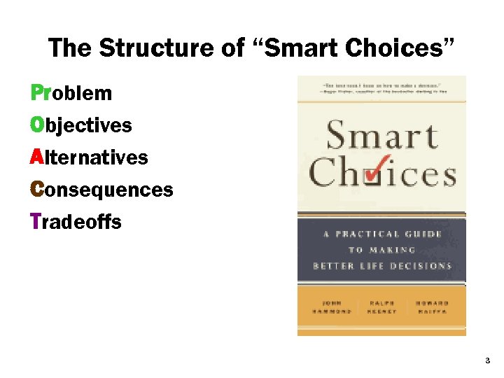 The Structure of “Smart Choices” Problem Objectives Alternatives Consequences Tradeoffs 3 3 