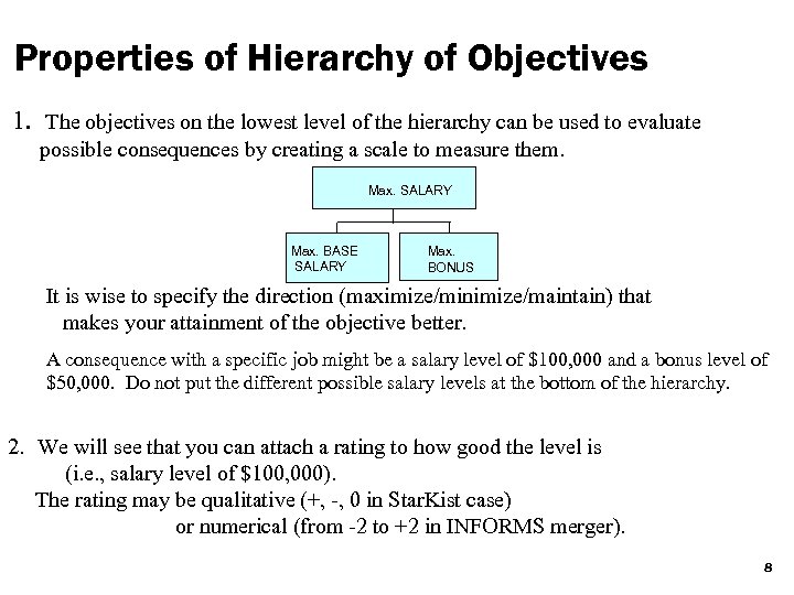 Properties of Hierarchy of Objectives 1. The objectives on the lowest level of the