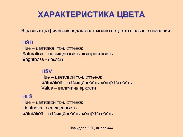 ХАРАКТЕРИСТИКА ЦВЕТА В разных графических редакторах можно встретить разные названия: HSB Hue – цветовой