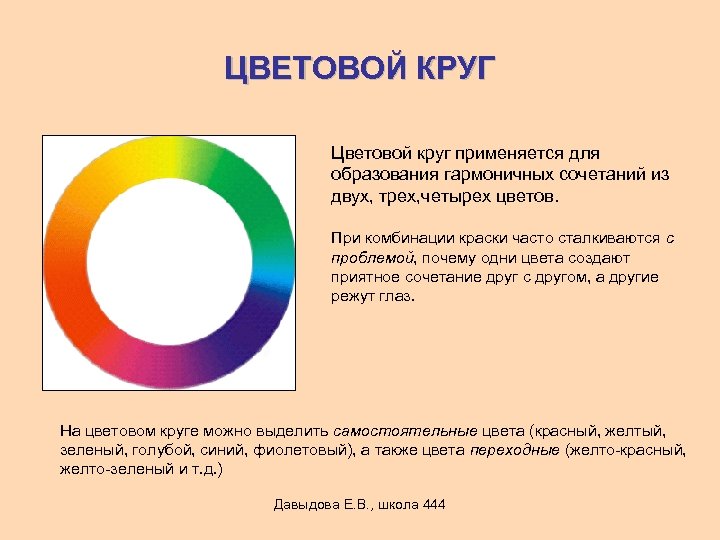 ЦВЕТОВОЙ КРУГ Цветовой круг применяется для образования гармоничных сочетаний из двух, трех, четырех цветов.