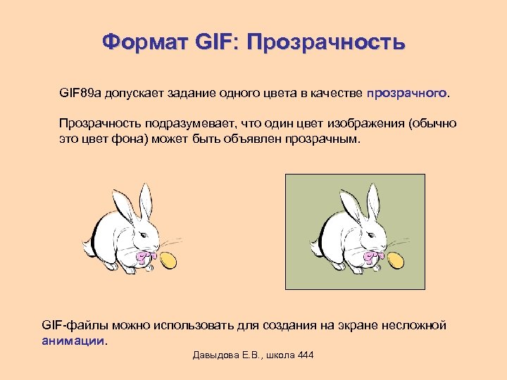 Формат GIF: Прозрачность GIF 89 a допускает задание одного цвета в качестве прозрачного. Прозрачность