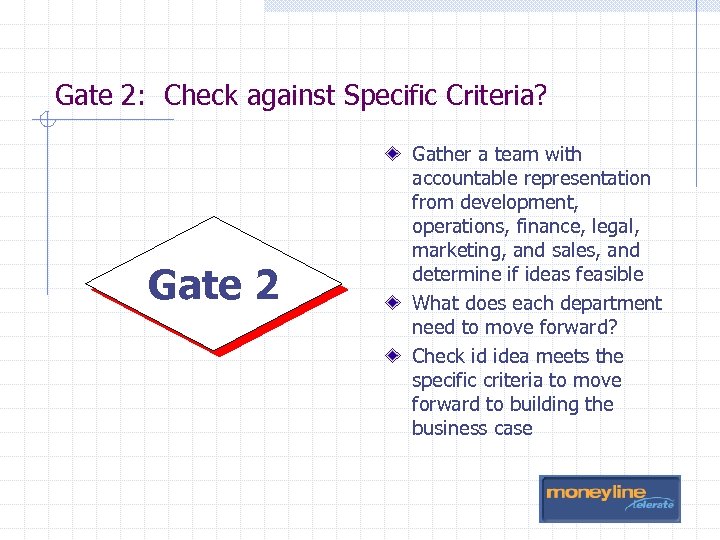 Gate 2: Check against Specific Criteria? Gate 2 Gather a team with accountable representation