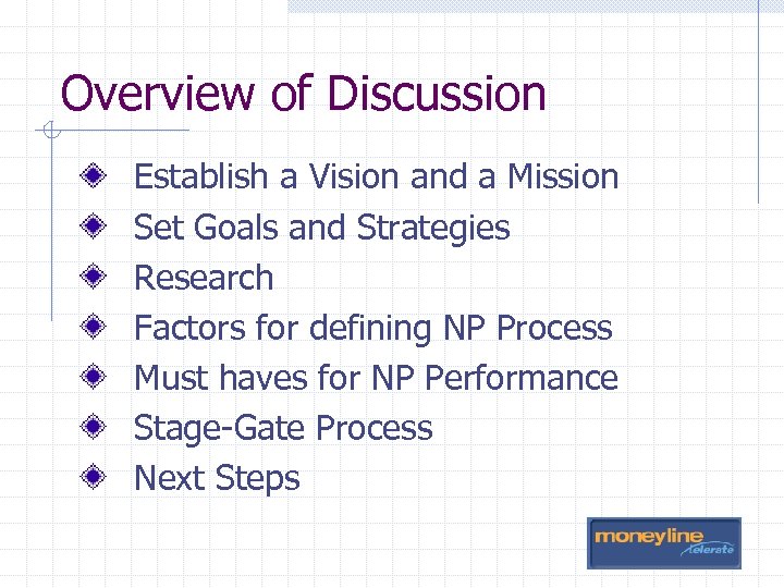 Overview of Discussion Establish a Vision and a Mission Set Goals and Strategies Research