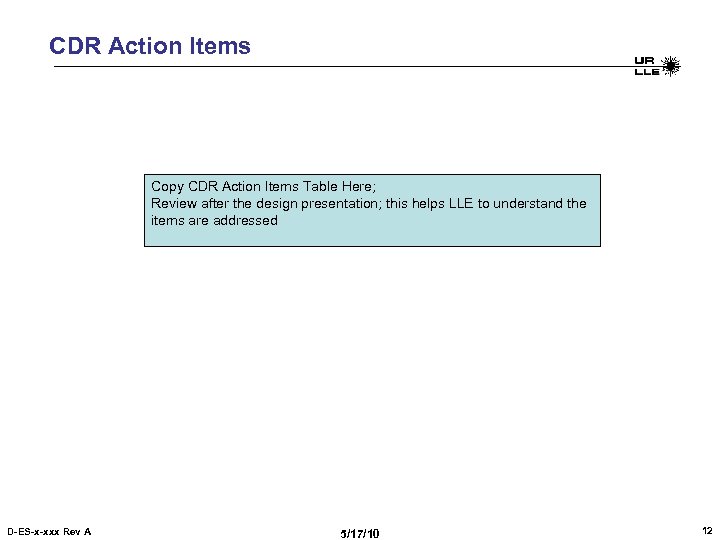 CDR Action Items Copy CDR Action Items Table Here; Review after the design presentation;