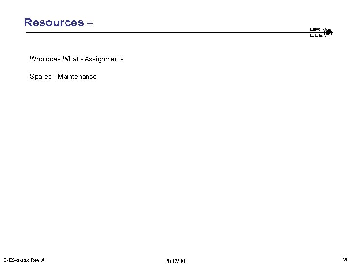 Resources – Who does What - Assignments Spares - Maintenance D-ES-x-xxx Rev A 5/17/10