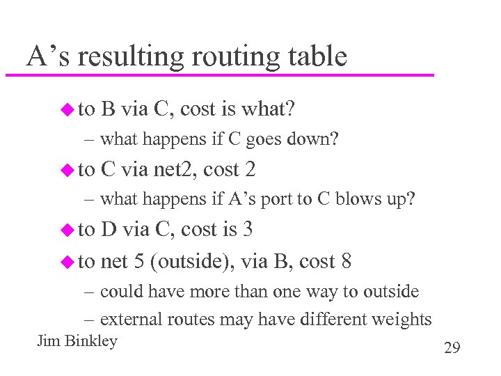 A’s resulting routing table u to B via C, cost is what? – what