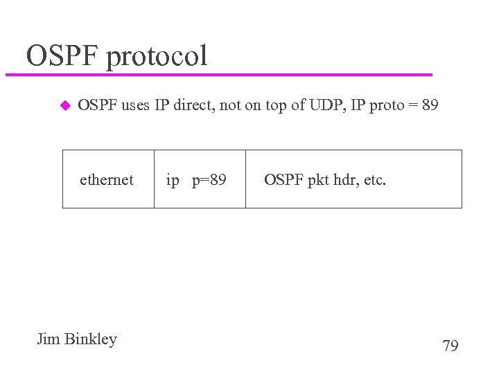 OSPF protocol u OSPF uses IP direct, not on top of UDP, IP proto