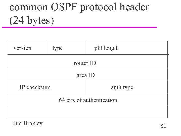 common OSPF protocol header (24 bytes) version type pkt length router ID area ID