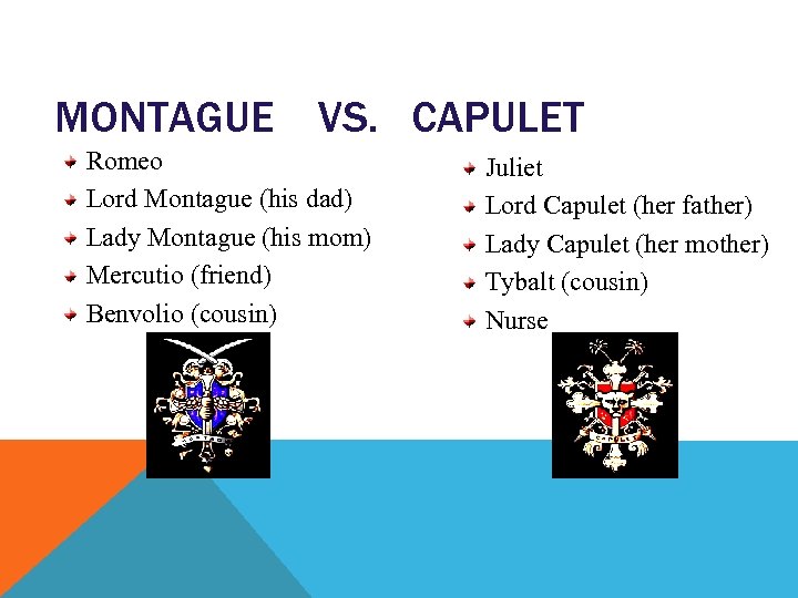 MONTAGUE VS. CAPULET Romeo Lord Montague (his dad) Lady Montague (his mom) Mercutio (friend)