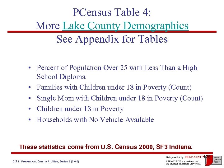 PCensus Table 4: More Lake County Demographics See Appendix for Tables • Percent of