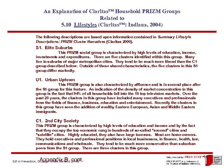 An Explanation of Claritas™ Household PRIZM Groups Related to 5. 10 Lifestyles (Claritas™: Indiana,