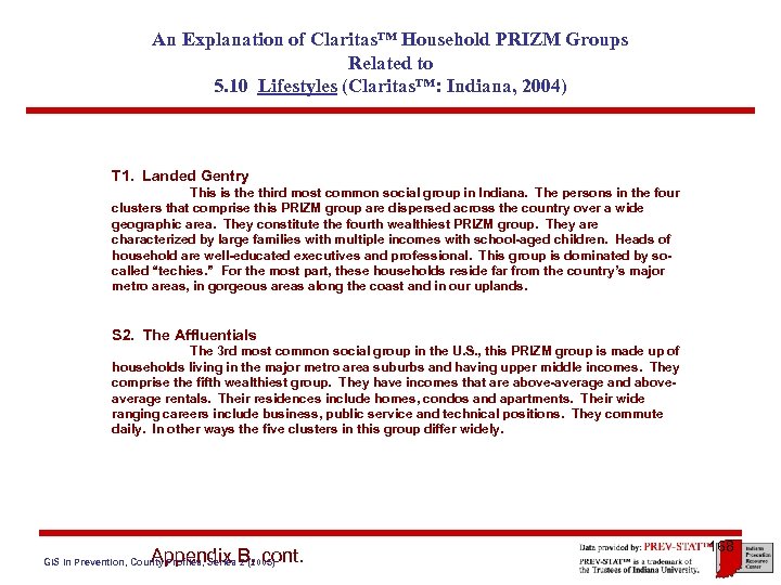 An Explanation of Claritas™ Household PRIZM Groups Related to 5. 10 Lifestyles (Claritas™: Indiana,