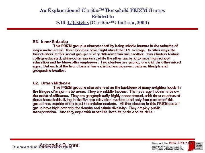 An Explanation of Claritas™ Household PRIZM Groups Related to 5. 10 Lifestyles (Claritas™: Indiana,