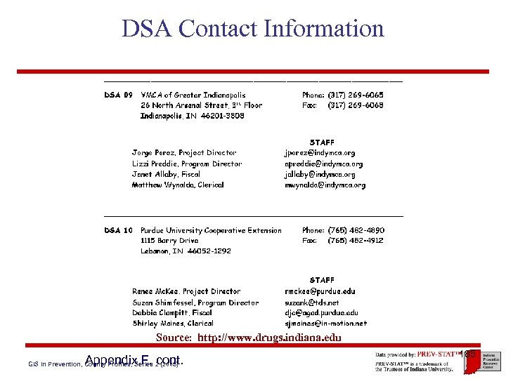 DSA Contact Information Source: http: //www. drugs. indiana. edu Appendix F, cont. GIS in