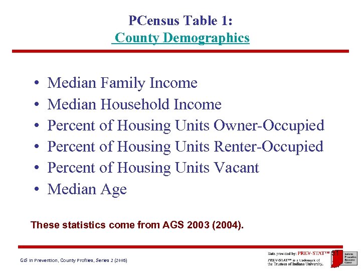 PCensus Table 1: County Demographics • • • Median Family Income Median Household Income