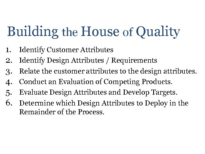 Building the House of Quality 1. 2. 3. 4. 5. 6. Identify Customer Attributes