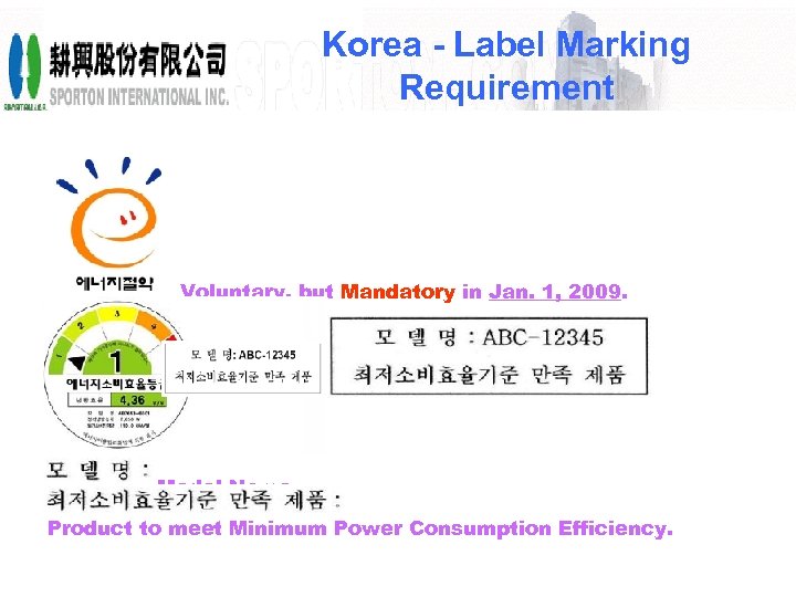 Korea - Label Marking Requirement Voluntary, but Mandatory in Jan. 1, 2009. Model Name.