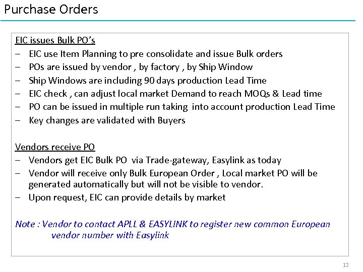 Purchase Orders EIC issues Bulk PO’s – EIC use Item Planning to pre consolidate