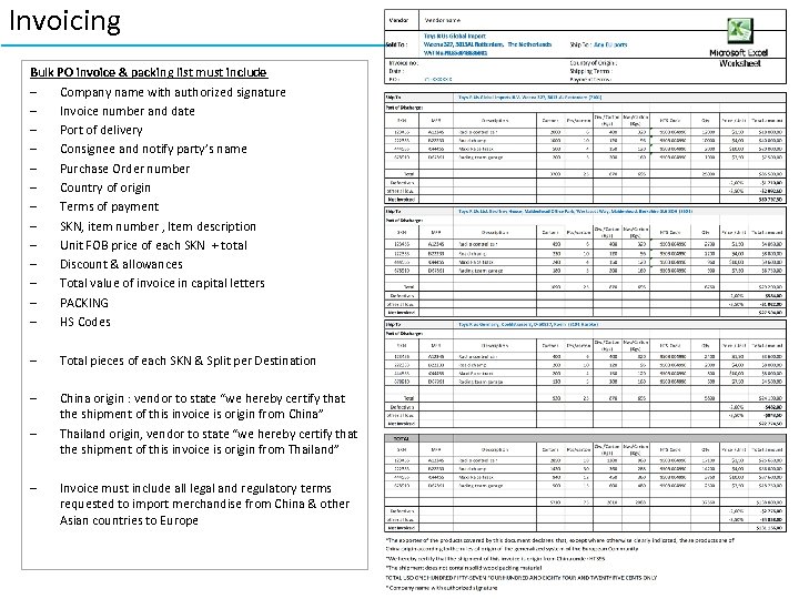 Invoicing Bulk PO invoice & packing list must include – Company name with authorized