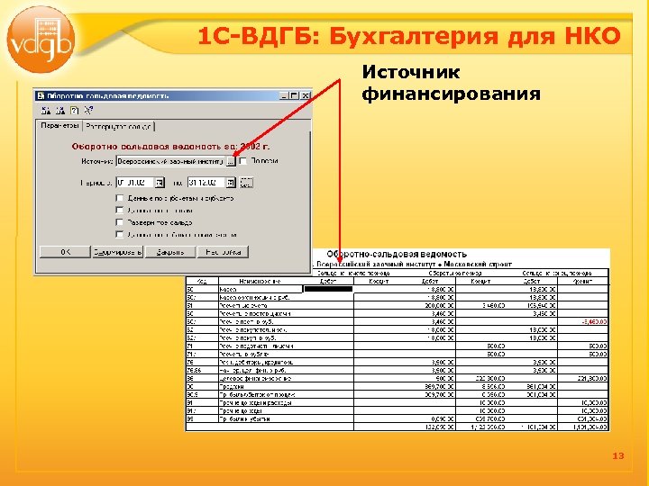 1 С-ВДГБ: Бухгалтерия для НКО Источник финансирования 13 