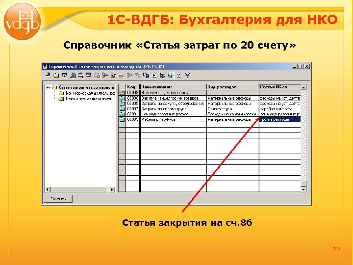 1 С-ВДГБ: Бухгалтерия для НКО Справочник «Статья затрат по 20 счету» Статья закрытия на