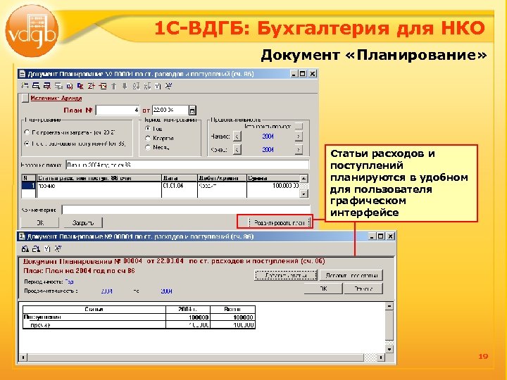 1 С-ВДГБ: Бухгалтерия для НКО Документ «Планирование» Статьи расходов и поступлений планируются в удобном