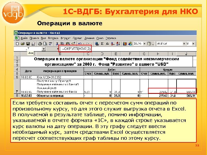 1 С-ВДГБ: Бухгалтерия для НКО Операции в валюте Если требуется составить отчет с пересчетом