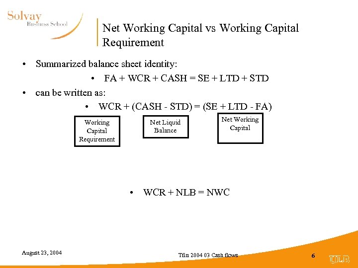 Net Working Capital vs Working Capital Requirement • Summarized balance sheet identity: • FA