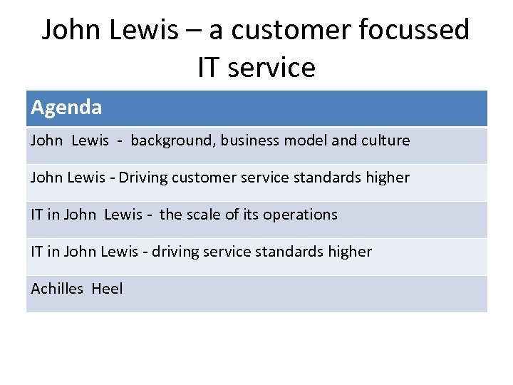 John Lewis – a customer focussed IT service Agenda John Lewis - background, business