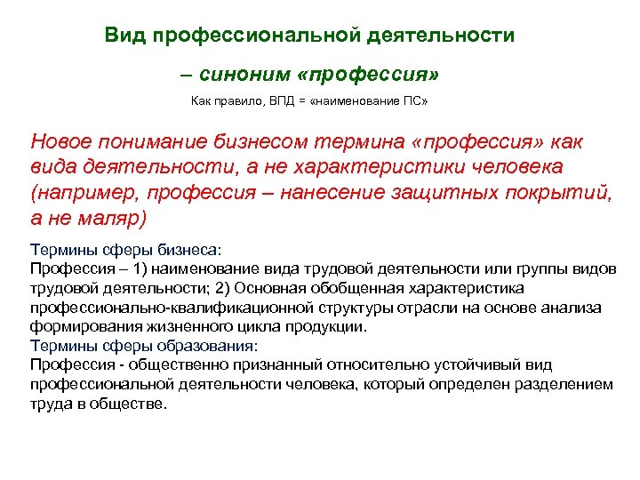 Вид профессиональной деятельности – синоним «профессия» Как правило, ВПД = «наименование ПС» Новое понимание