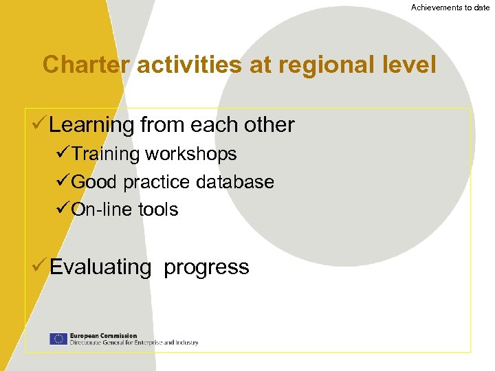 Achievements to date Charter activities at regional level ü Learning from each other üTraining