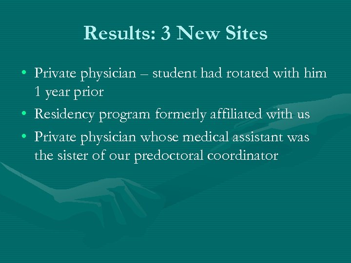 Results: 3 New Sites • Private physician – student had rotated with him 1