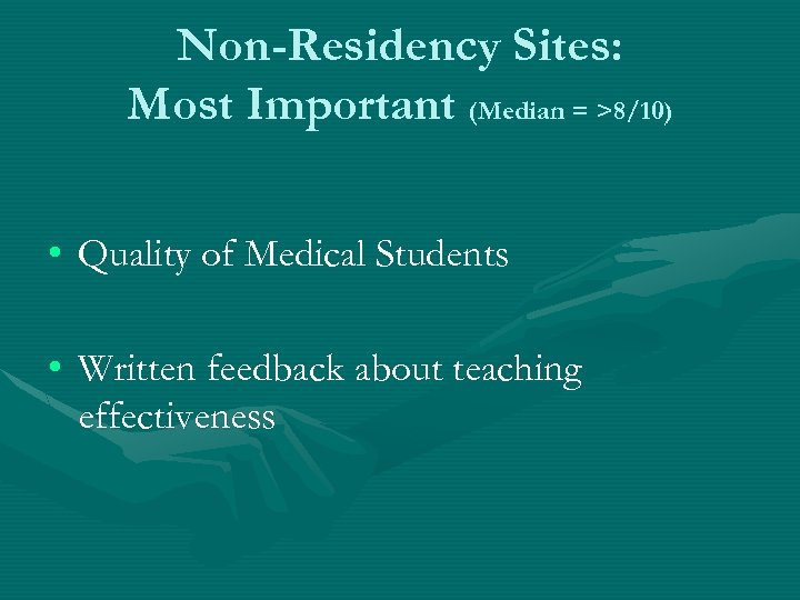 Non-Residency Sites: Most Important (Median = >8/10) • Quality of Medical Students • Written
