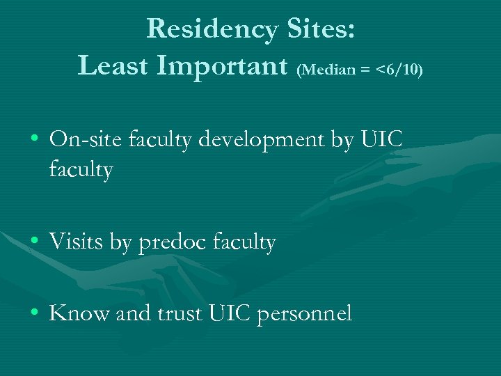 Residency Sites: Least Important (Median = <6/10) • On-site faculty development by UIC faculty
