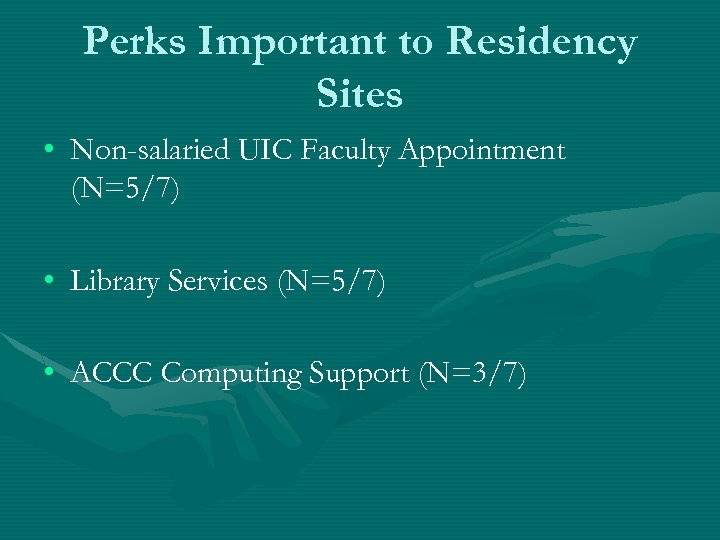 Perks Important to Residency Sites • Non-salaried UIC Faculty Appointment (N=5/7) • Library Services