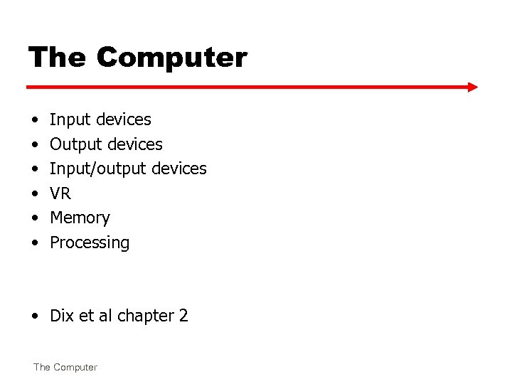 The Computer • • • Input devices Output devices Input/output devices VR Memory Processing